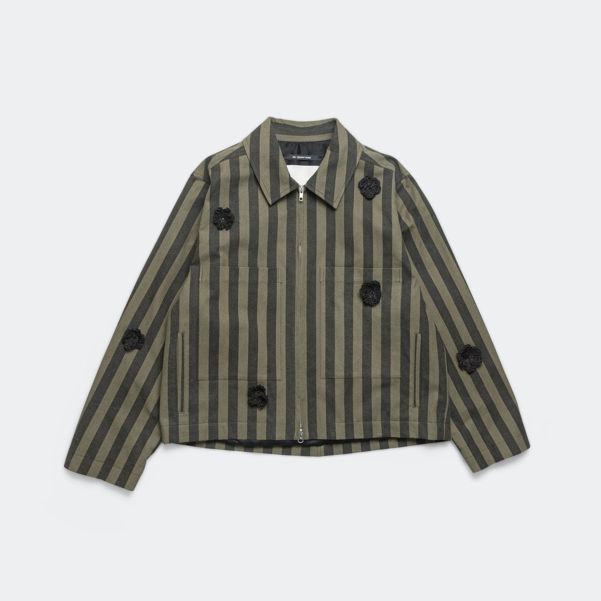Daisy Crop Patch Pocket Jacket - Black/Green Wide Canvas Stripe