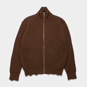 Distressed Zip-Up Knit - Beige Melange