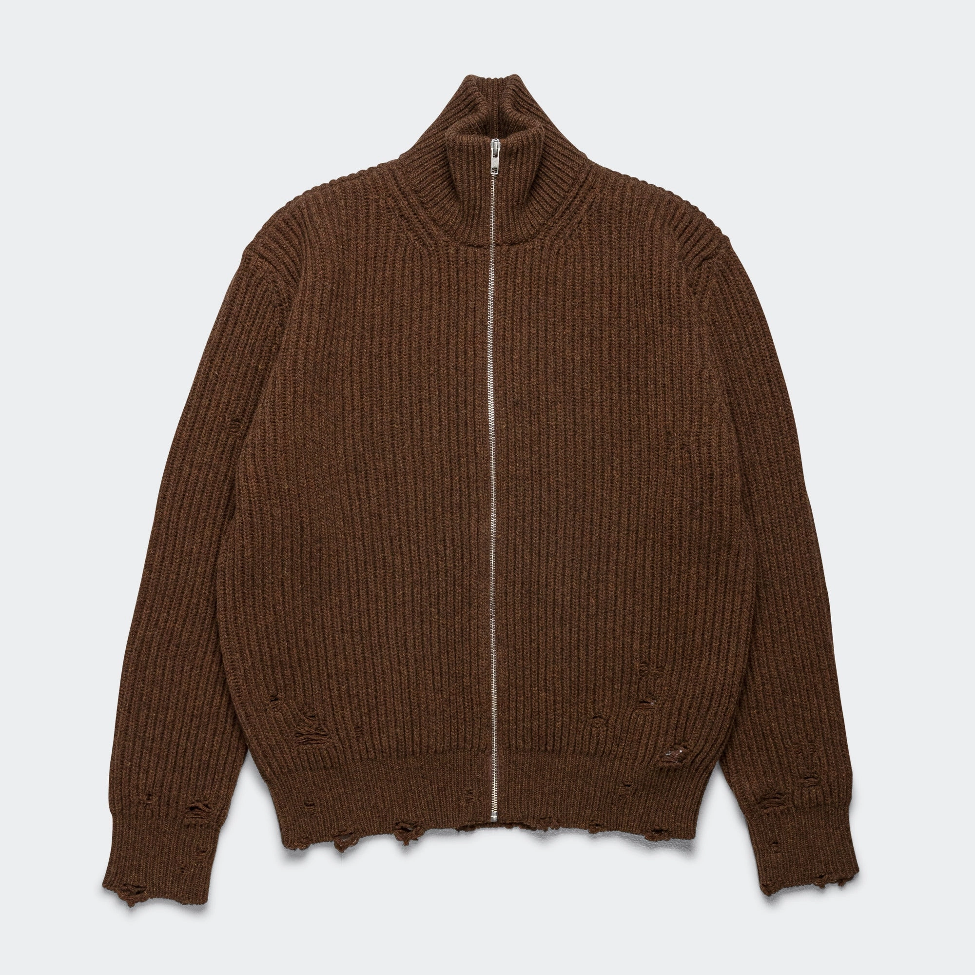 Distressed Zip-Up Knit - Beige Melange