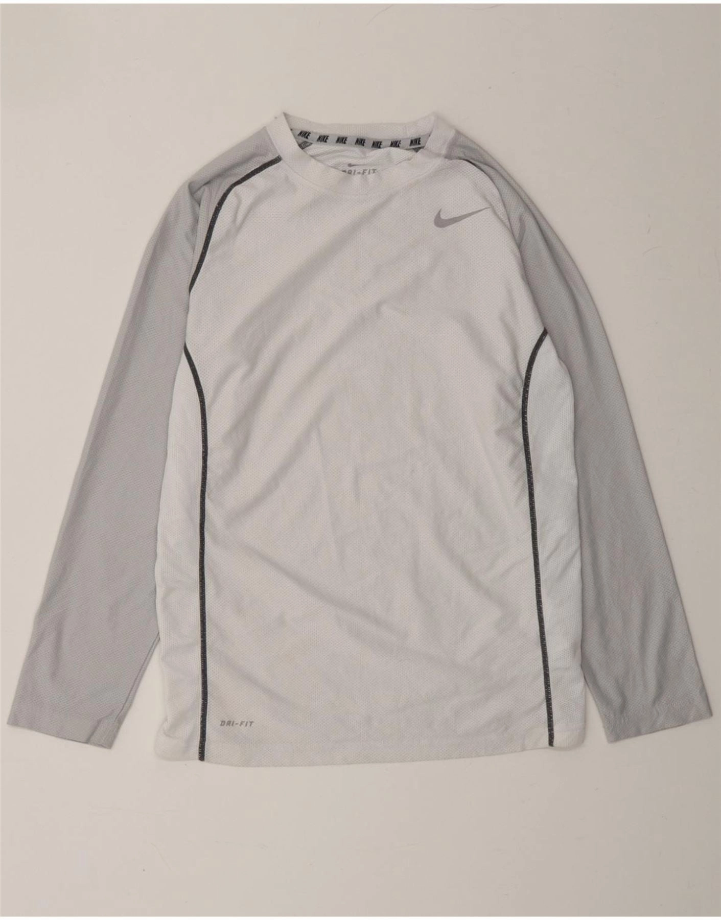 NIKE Boys Dri Fit Top Long Sleeve 12-13 Years Large White Colourblock