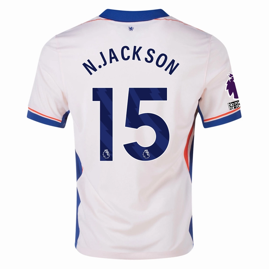 Nike Chelsea Nicolas Jackson Away Jersey w/ EPL   No Room For Racism Patches 24/25 (Guava Ice/Rush Blue)