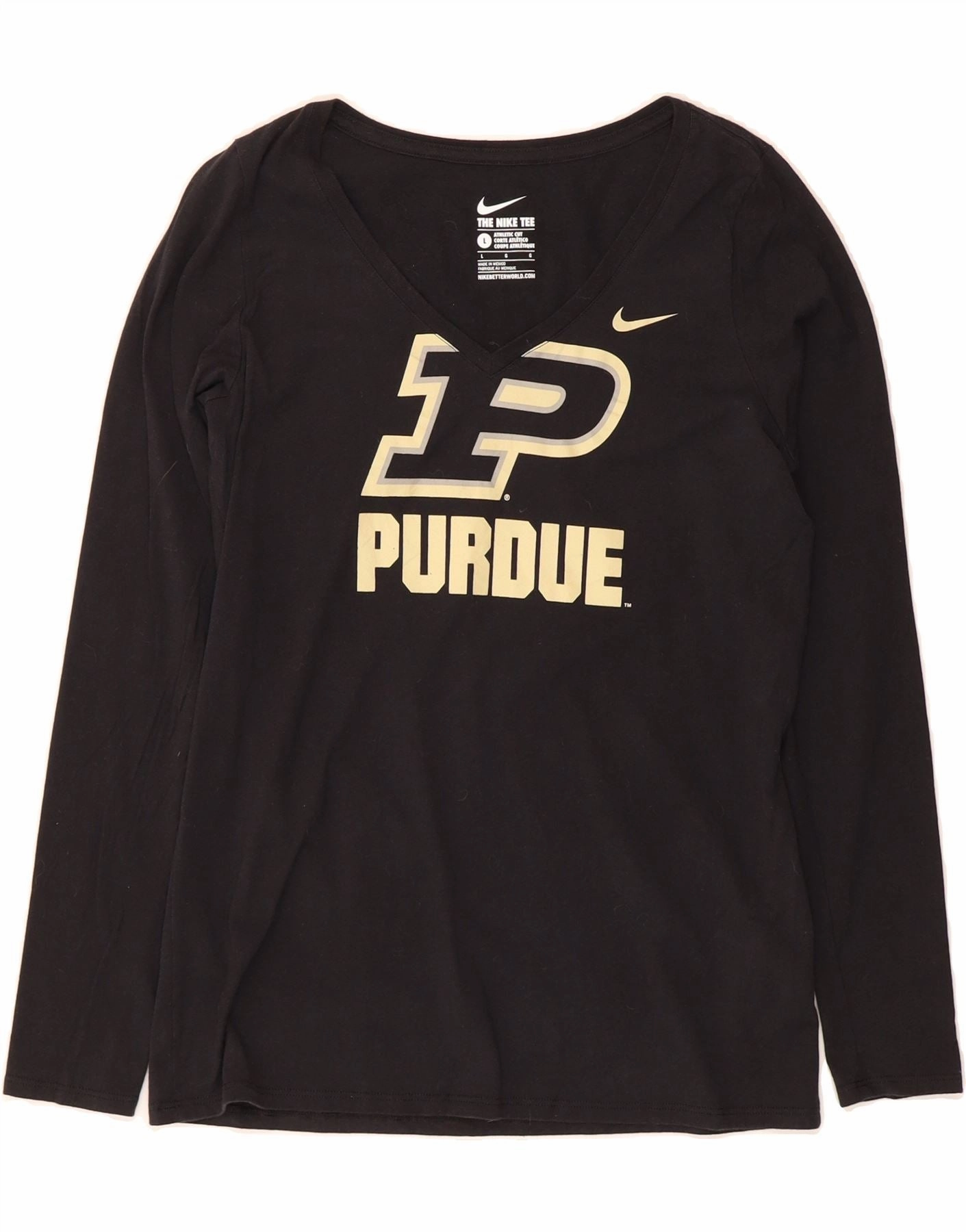 NIKE Womens Athletic Cut Graphic Top Long Sleeve UK 14 Large Black Cotton