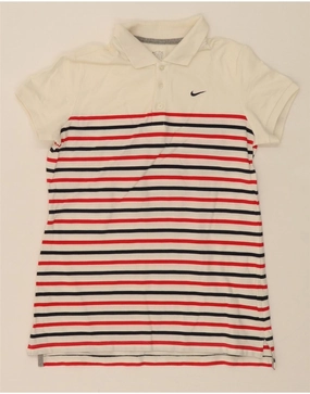 NIKE Womens Polo Shirt UK 14 Large White Striped Cotton