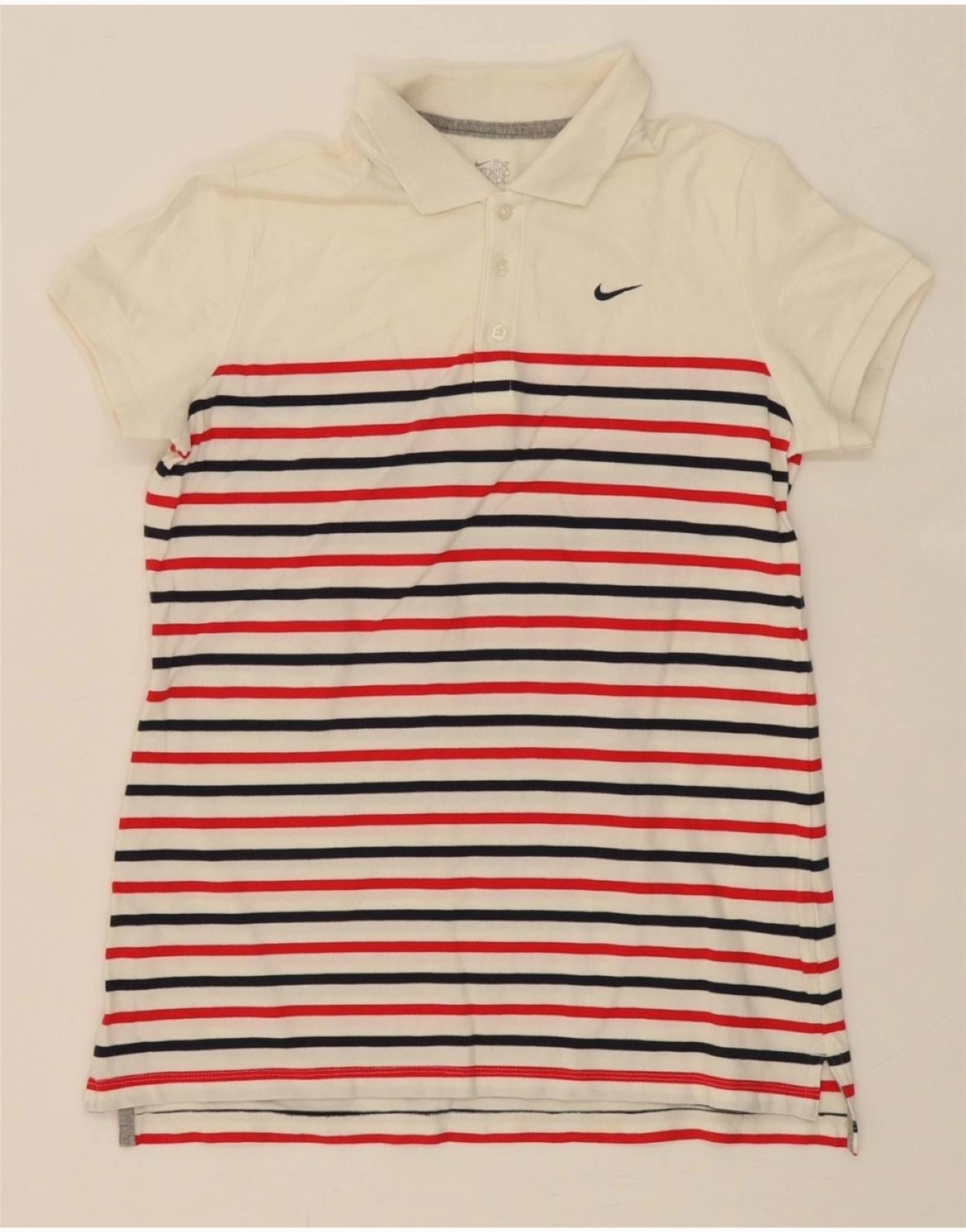 NIKE Womens Polo Shirt UK 14 Large White Striped Cotton